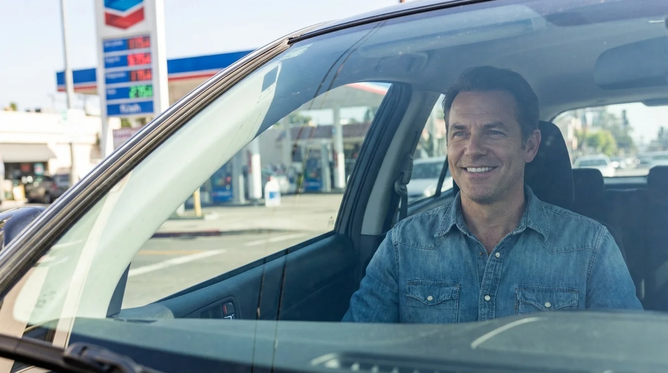 Driver enjoying fewer gas station stops